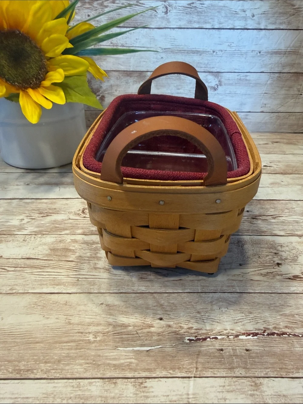 Longaberger Woven Tea Basket 10740 Red Liner and Clear Protector Insert